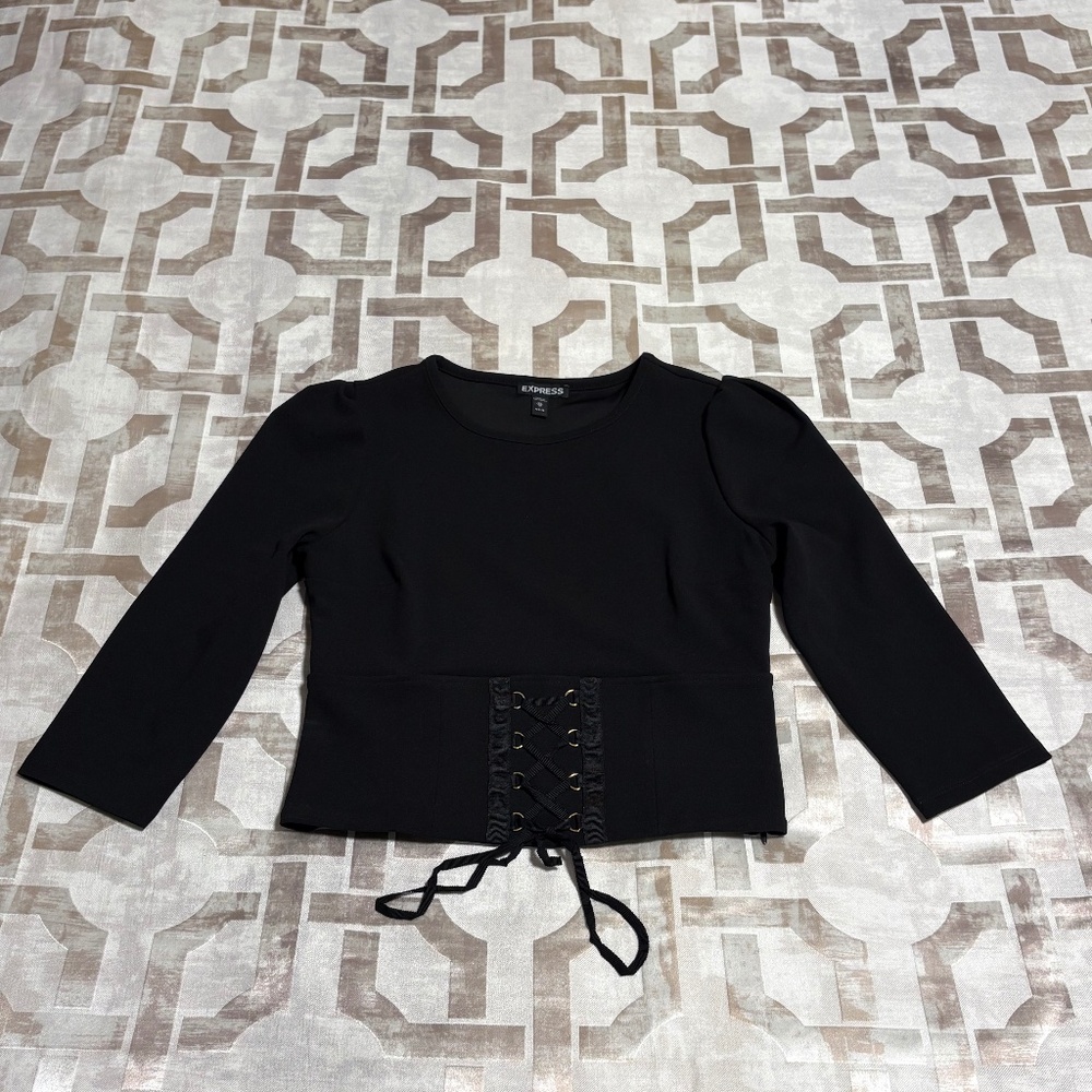 Express Petite Black Long Sleeve Corset Front Top, Size XS Petite